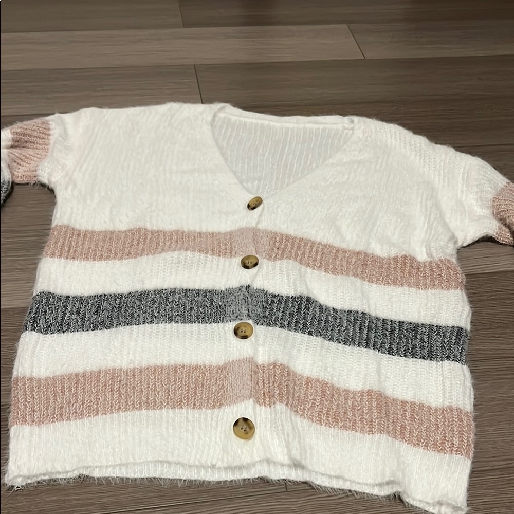 SHEIN White and Pink Striped Cardigan
